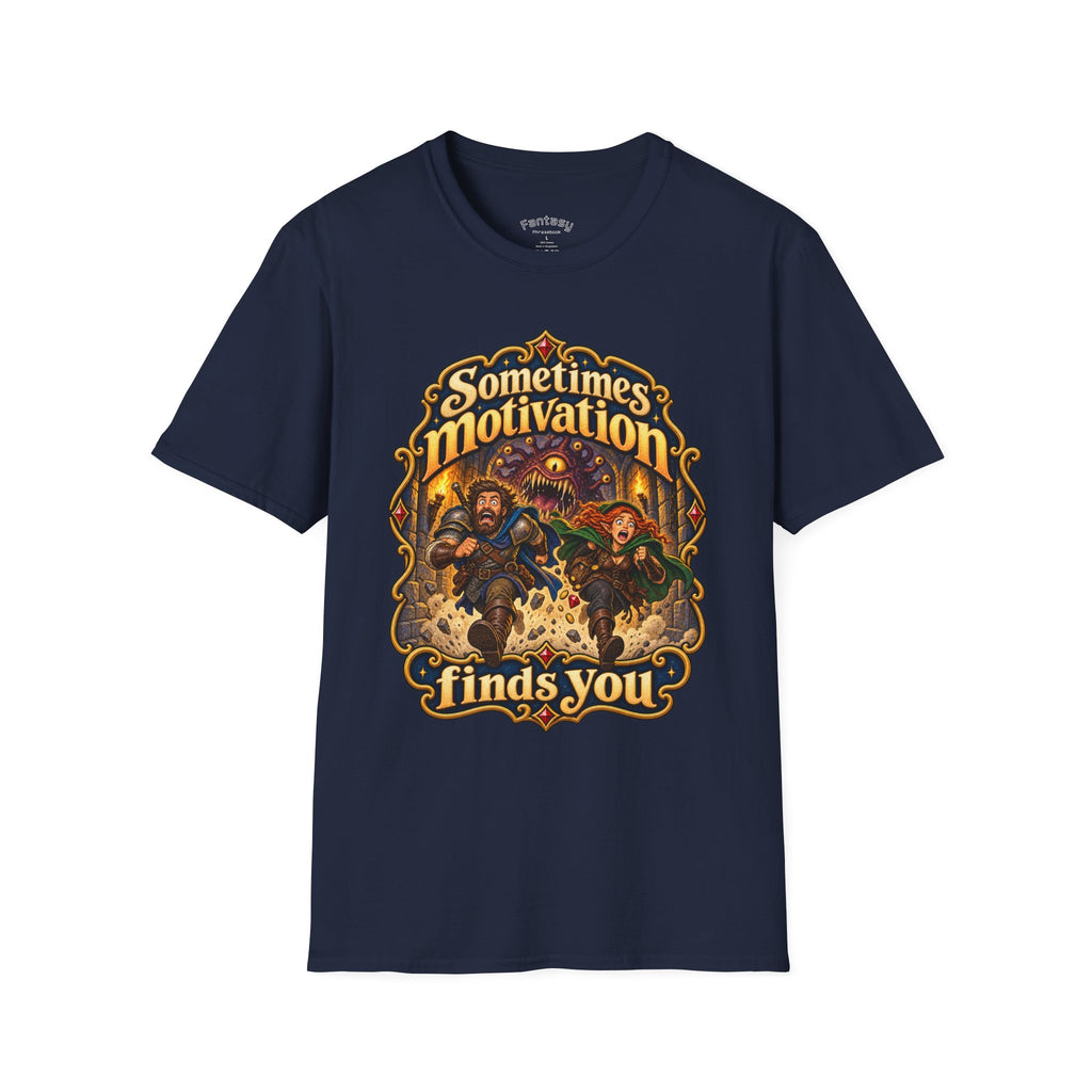 Sometimes Motivation Finds You T-Shirt — Fantasy Adventure Retro Graphic Tee
