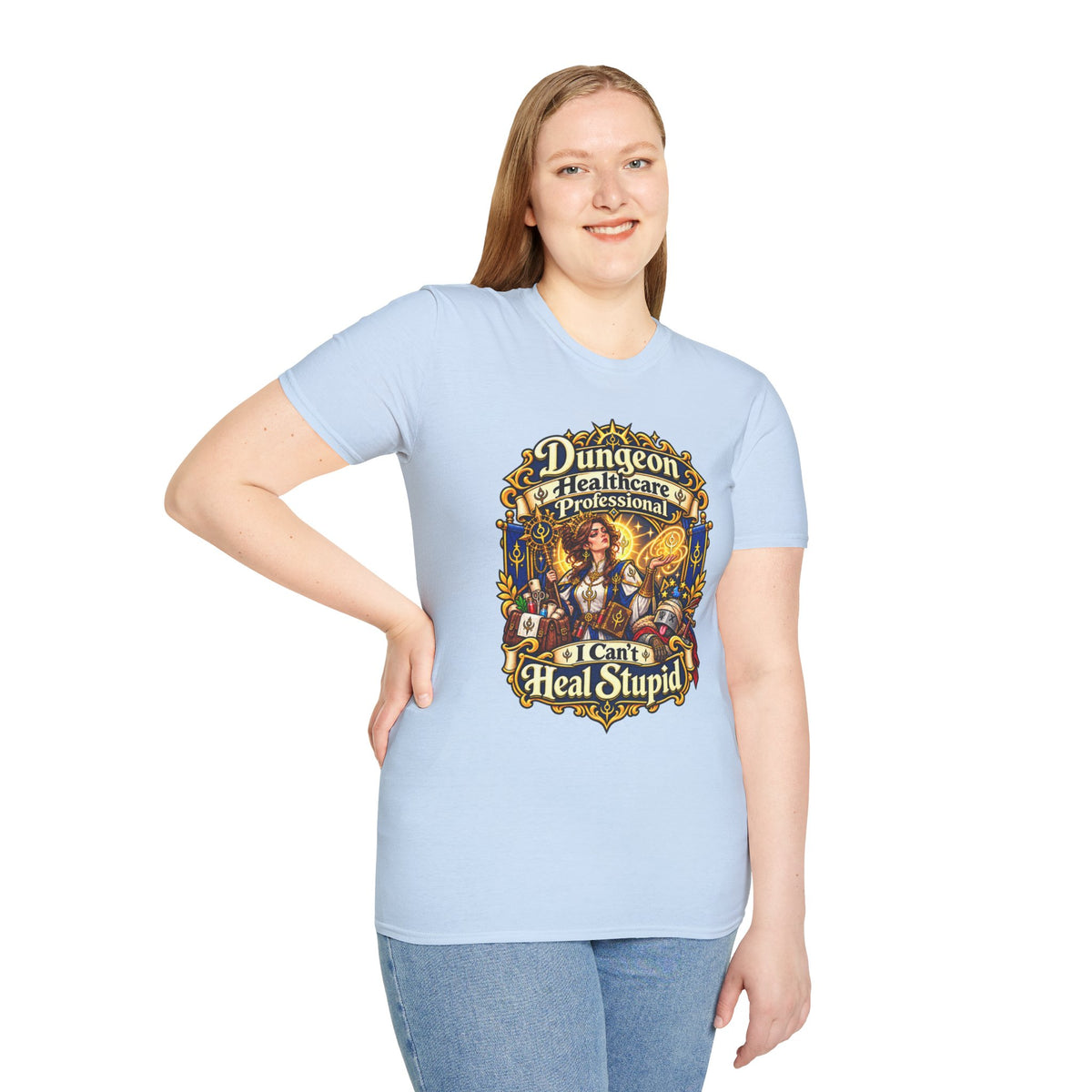 Dungeon Healthcare Professional T-Shirt – “I Can’t Heal Stupid” RPG Medic Tee