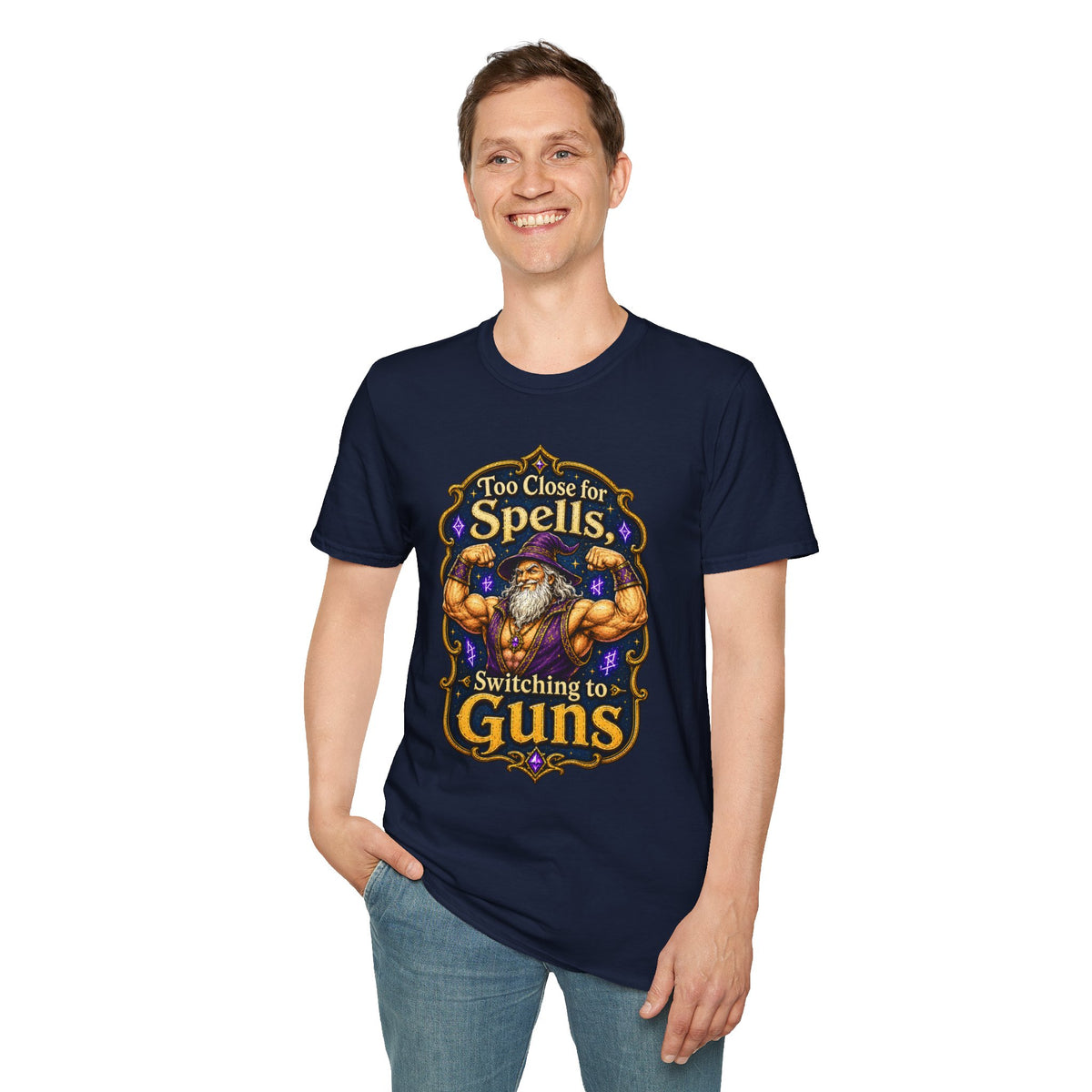 Too Close for Spells, Switching to Guns Wizard TTRPG Tee