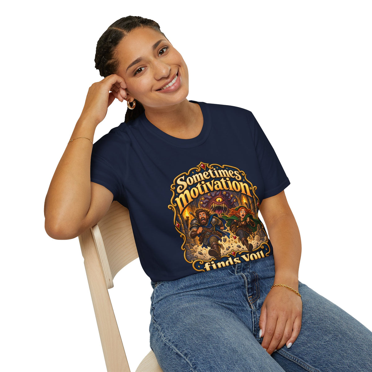 Sometimes Motivation Finds You T-Shirt — Fantasy Adventure Retro Graphic Tee